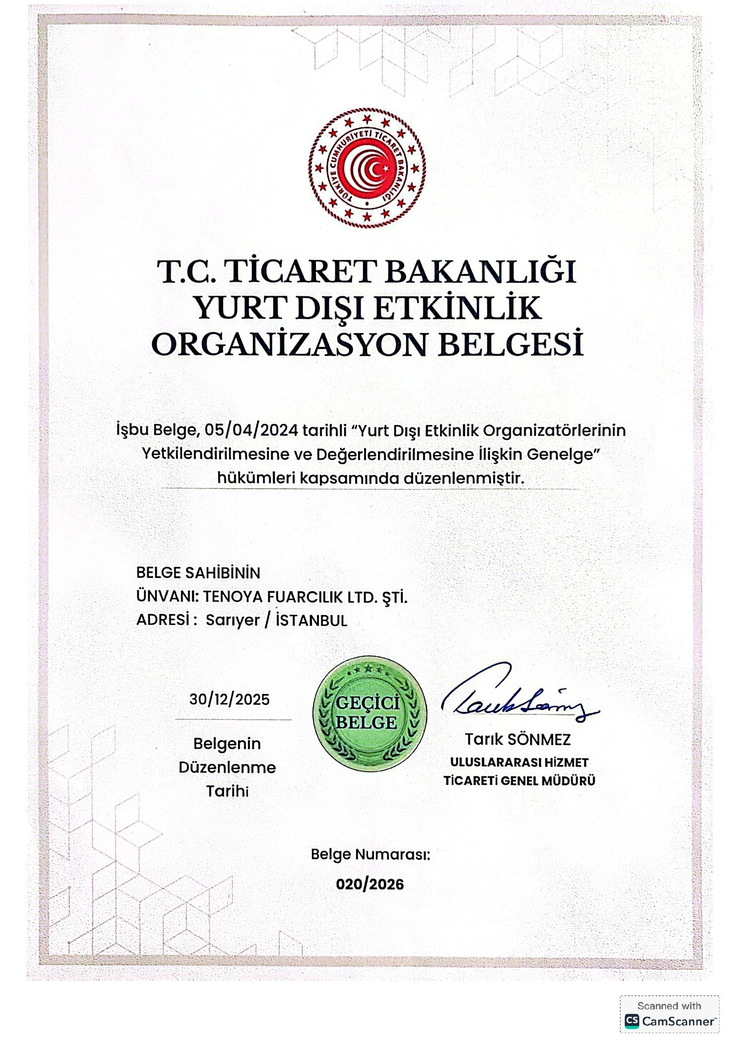 T.C. Ticaret Bakanlığı Yurt Dışı Etkinlik Organizasyon Belgesi